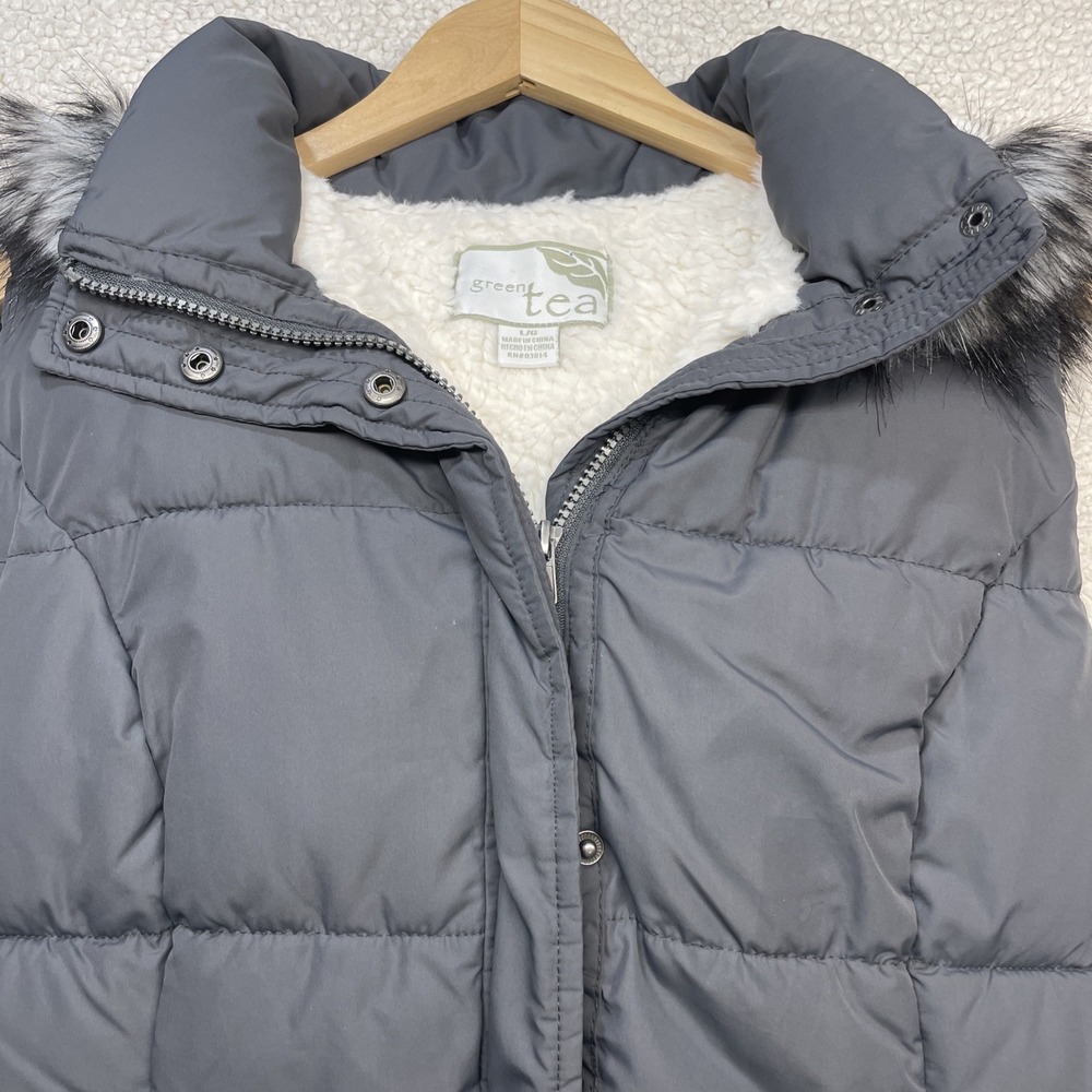 Green Tea Puffer Vest Women L Gray Faux Fur Hood Fleece Lined Quilted Outdoor